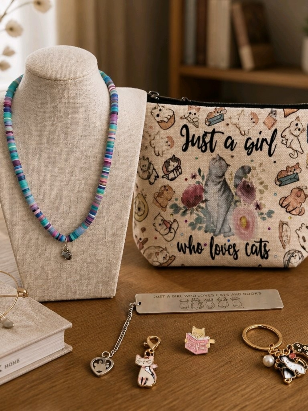 Cat Lover Gift Set: Necklace with Cat Charm, Key Chain, Bookmark, Pin....